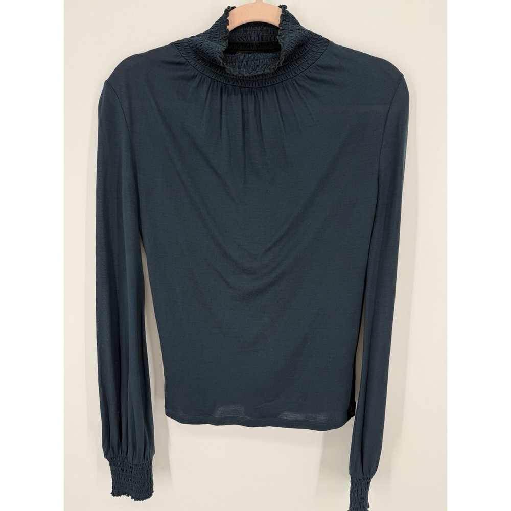 Kenneth Cole New York 100% Silk Blouse Dark Teal Smocked Mock Neck Top Size S
